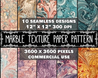 May include: Ten seamless digital paper patterns featuring marbleized textures in various colours, including blue, green, pink, purple, and yellow. Each pattern is 12 inches by 12 inches and 300 DPI, with a resolution of 3600 x 3600 pixels. The patterns are for commercial use.