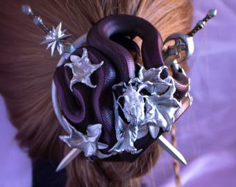 Snake Heraldry Hair Bun Holder and Sword Pins - Dark Academia, Nordic Viking, Gothic, Witchy Fantasy Accessory, Ren Faire Goth Oddities