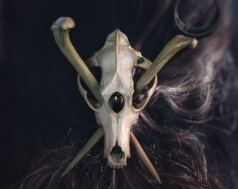 Hand-Painted Faux Wolf Skull Hair Pin Fascinators - Nordic Viking, Gothic, Witchy Dark Fantasy Hair Accessory, Ren Faire and Goth Oddities