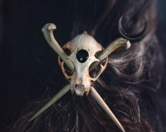 Hand-Painted Faux Cat Skull Hair Pin Fascinators - Nordic Viking, Gothic, Witchy Dark Fantasy Hair Accessory, Ren Faire and Goth Oddities
