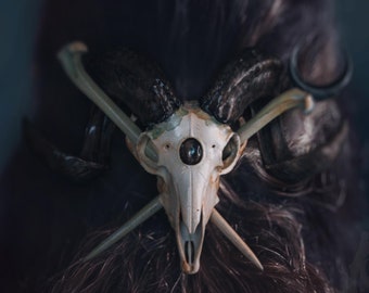 Hand-Painted Faux Ram Skull Hair Pin Fascinators - Nordic Viking, Gothic, Witchy Dark Fantasy Hair Accessory, Ren Faire and Goth Oddities