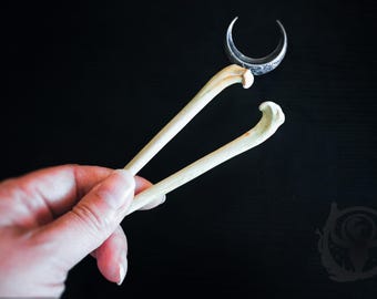 Hand-Painted Faux Bone and Moon Hair Stick / Pin Set- Nordic Viking, Gothic, Witchy Dark Fantasy Hair Accessory, Ren Faire and Goth Oddities