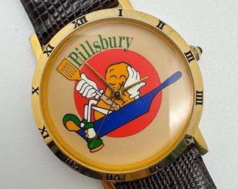Vintage Pillsbury Promo Watch 33mm Gold Case Japan Quartz Brown Leather Band