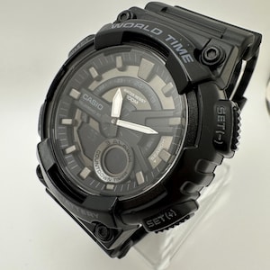 Casio AEQ-110W World Time Telememo 30 – 48mm Black Sport Watch, 100M Water Resistant, Alarms, Countdown Timer