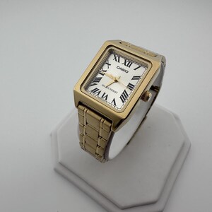 Gold Rectangular Watch: Women's Roman Dial Dress Watch, Stainless Steel or Leather Band image 2