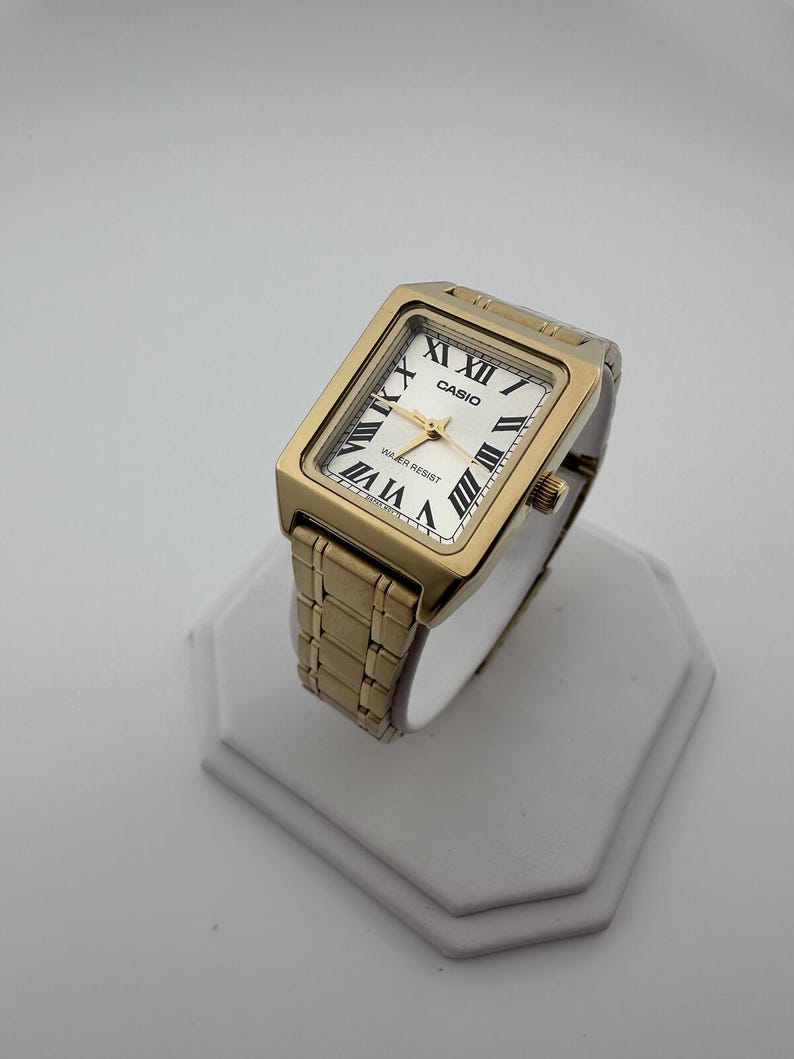 Gold Rectangular Watch: Women's Roman Dial Dress Watch, Stainless Steel or Leather Band image 2