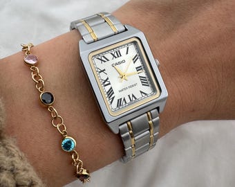 Two-Tone Stainless Steel Rectangular Watch: Women's Roman Dial Dress Watch