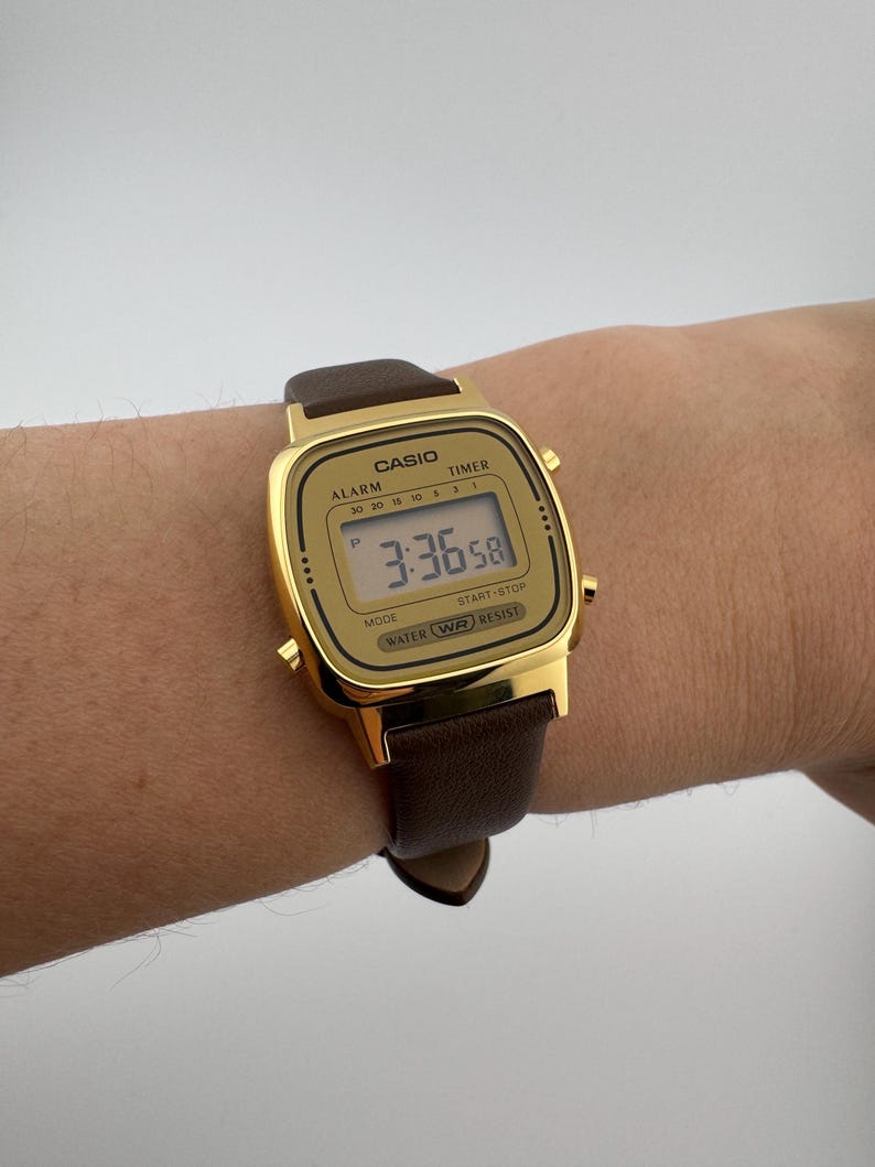 Casio Gold Vintage Digital Watch Women’s Petite Retro Style Gold + brown leather