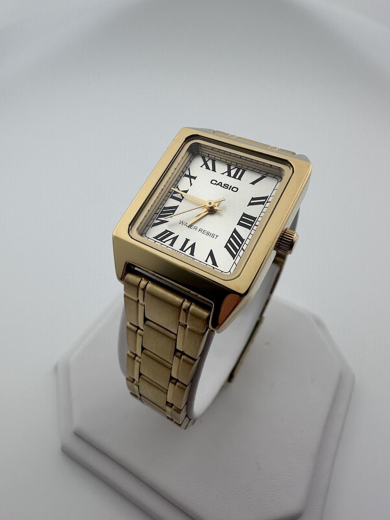 Gold Rectangular Watch: Women's Roman Dial Dress Watch, Stainless Steel or Leather Band image 3