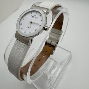 Skagen Denmark Women&#39;s Watch: Crystal Markers, White Leather Strap