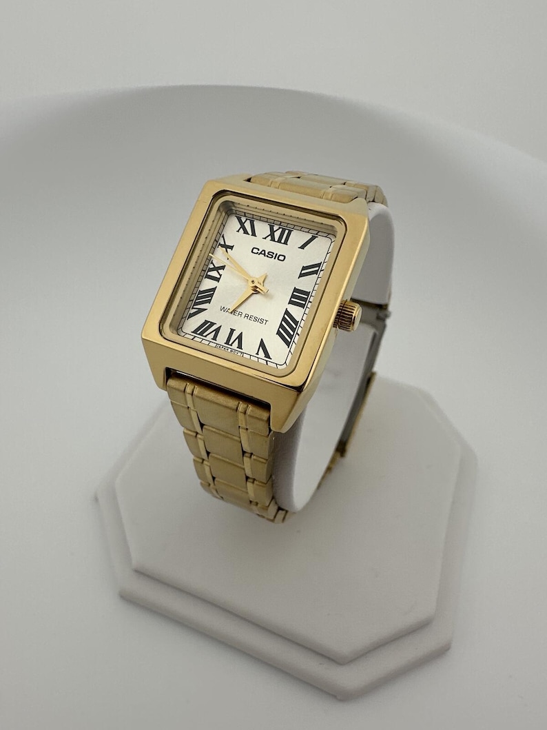 Gold Rectangular Watch: Women's Roman Dial Dress Watch, Stainless Steel or Leather Band image 4
