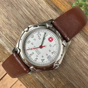 Vintage Wenger SAK Design Watch | Swiss Quartz | 37mm Case | Brown Leather Band | Date Window | New Battery | Swiss Army Style