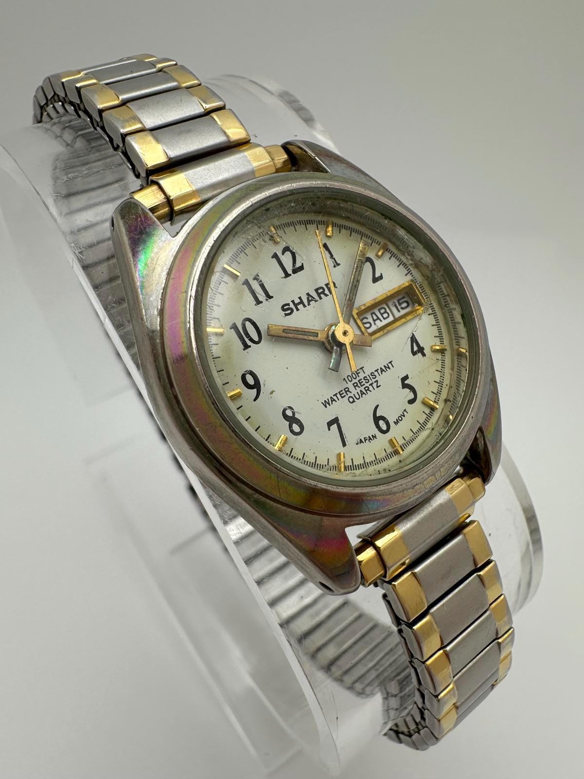 Sharp Ladies Watch Two Tone Stretch Bracelet Blue Dial Date Window NWOT Sharp Quartz Watch - Etsy main image 2