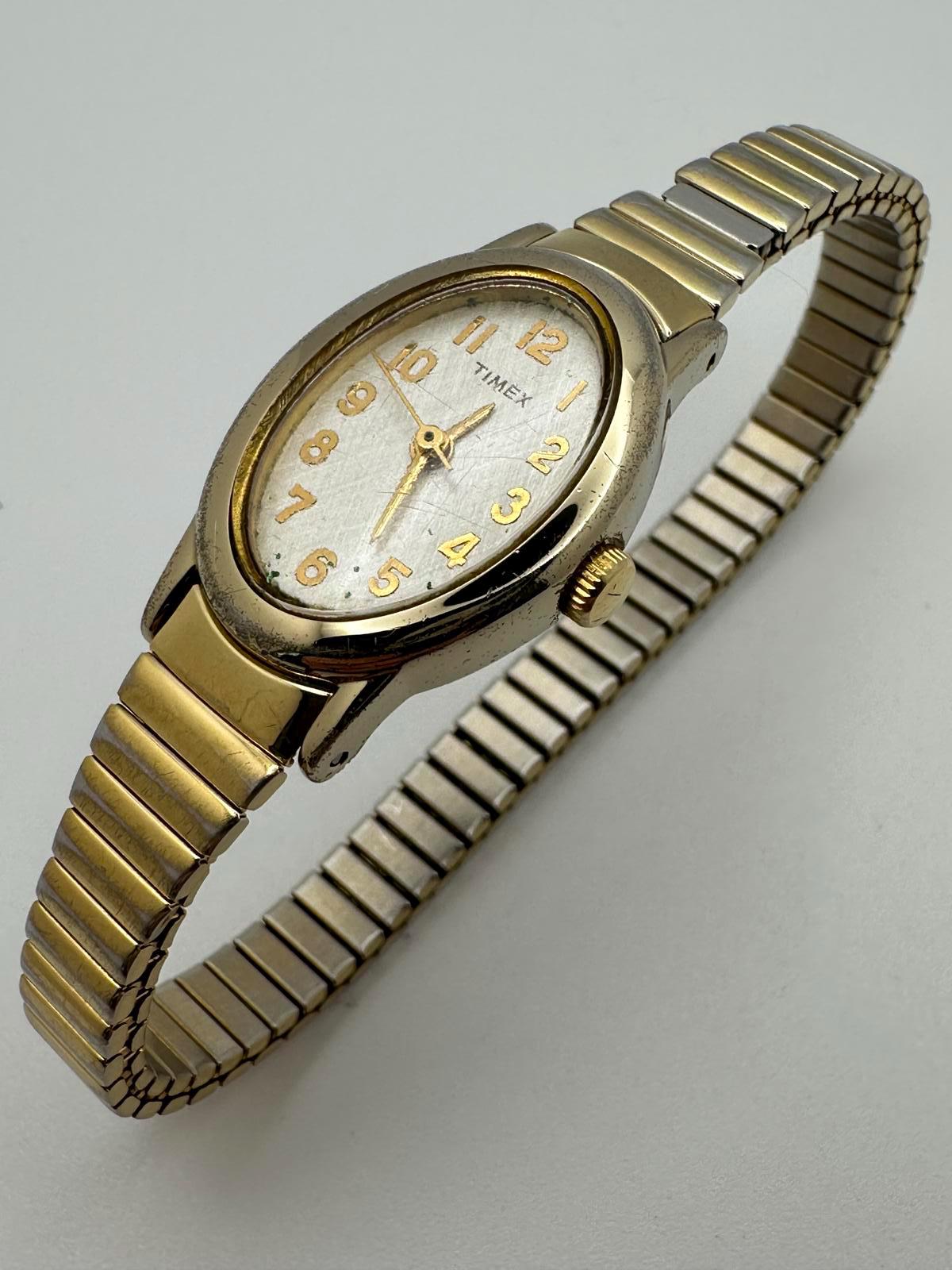 Vintage Timex Watch Women 18mm Gold Tone Stretch Band Manual Wind UNTESTED Vintage Timex Indiglo Womens Womans Gold Round Analog  main image 2