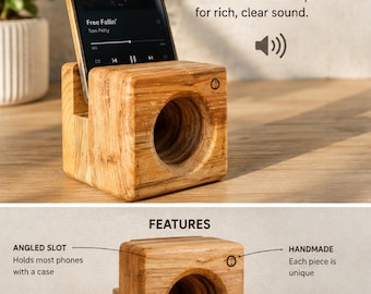 Phone Stand With an Acoustic Wooden Speaker and Cable Port