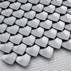 3D Printed Metallic Dragon Scales on Sheets of Mesh Fabric for Fantasy, Medieval Cosplay Armor, Bracers, Pauldrons, Ready to glue or sew!