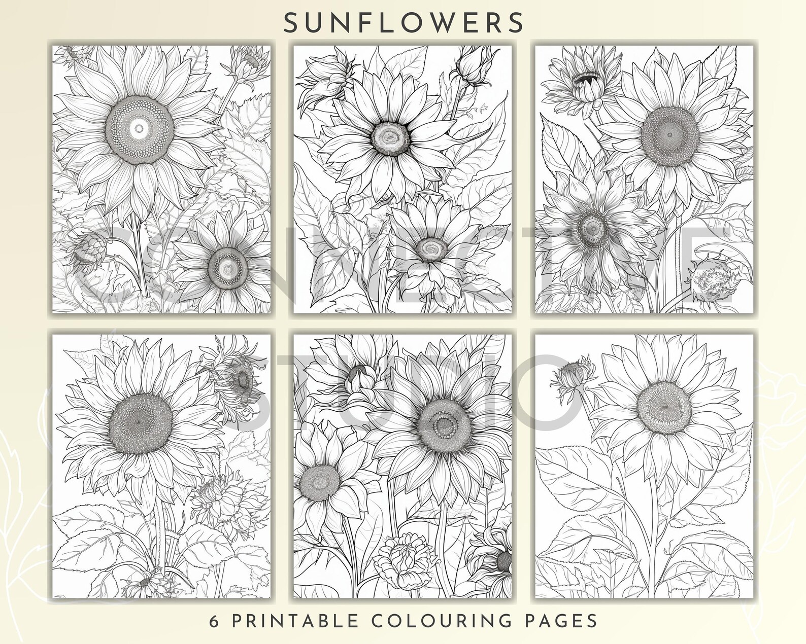 SUNFLOWERS Coloring Pages Six Pack of Premium Art Printable Adult ...