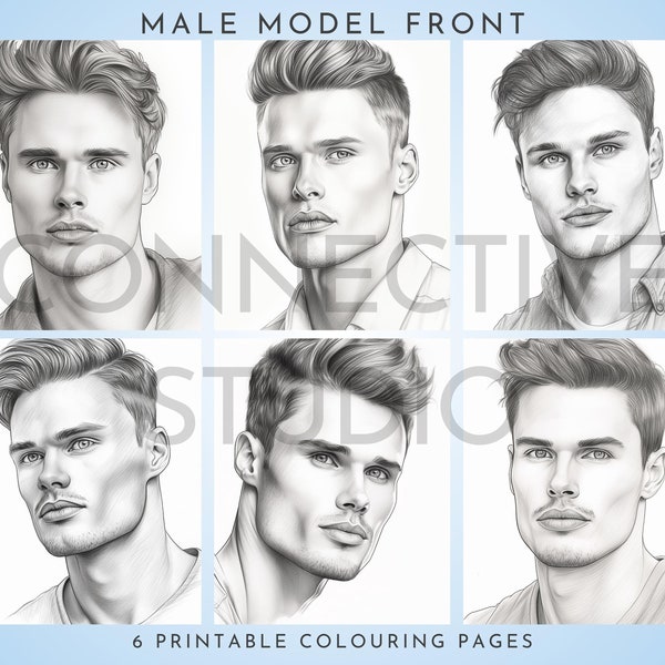 MALE MODEL Coloring Pages Six pack of Premium Art | Printable Adult Colouring Page Book Instant Download Grayscale Illustration PDF