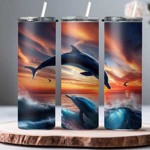 Dolphin Sunset Tumbler - 20 oz Skinny Tumbler for Animal & Dolphin Lovers, BPA Lid, Double Wall Insulated, High Quality Print