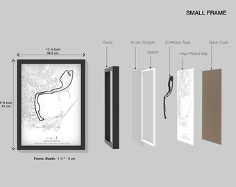 Framed 3D printed F1 Track (24 Tracks to choose from) - Small Frame  (W 12.75 Inch 32.5 cm X H 16.75 Inch 41 cm X D 1.25 3 cm)