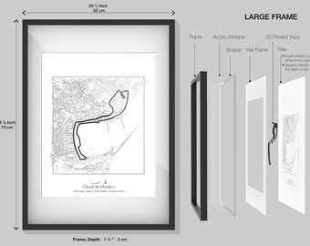 Framed 3D printed F1 Track (24 Tracks to choose from) - Large Frame  (W 20.5 Inch 52 cm X H 28.25 Inch 70 cm X D 1.25 3 cm)