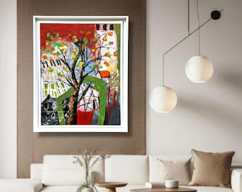 Colorful Abstract Tree Painting: Modern Mixed Media Nature Art, 16x20in