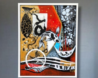 Koi Fish Painting: Asian Zen Art with Enso Circle - 16x20in