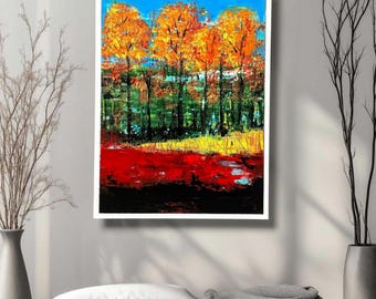 Autumn Forest Landscape Painting, Vibrant Fall Trees, Abstract Nature Artwork (18x24 inch)
