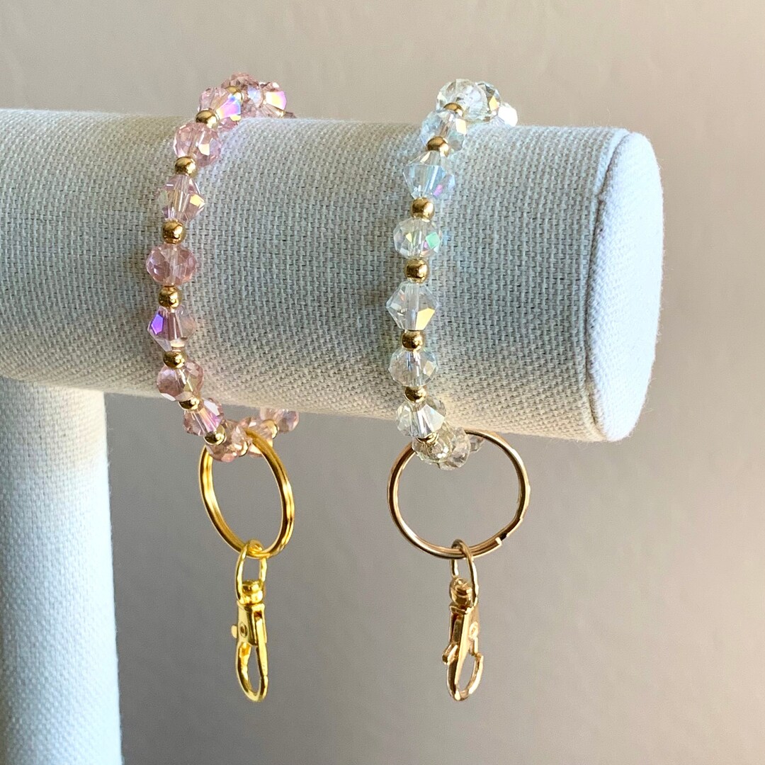 Clear or Pink Glass Beaded Stretchy Keychain Bracelet Etsy