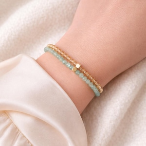 Aventurine & Citrine Bracelet Set, Optimism and Success Energy, 3mm Round Beads, 14K Gold Filled Accent, Gift for Her, Natural Stone Jewelry