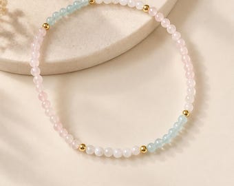 Petite Fertility Bracelet, Pregnancy Wish, 3mm Moonstone, Rose Quartz & Aquamarine, 14K Gold Filled or Silver, Meaningful Gift for Her