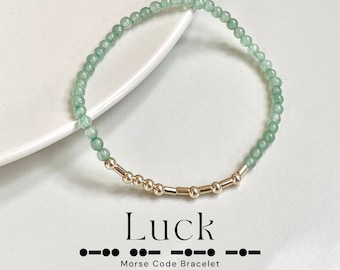 Luck Morse Code Bracelet, Dainty 3mm Aventurine Round Gemstone Beads, 14K Gold Filled Beads, Stackable, Layering, For Wealth and Good Luck