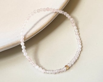 Dainty Rose Quartz Gemstone Bracelet, Gold Filled 3mm Charm, Minimalist Daily Wear Jewelry, Layering Bracelet, Adjustable, Beaded Bracelet