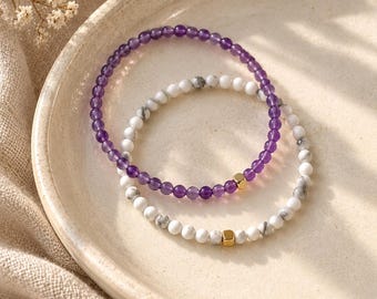 Petite Howlite & Amethyst Bracelet Set, Delicate 3mm Round Beads, 14K Gold Filled Accent, Gift For Loved One or Self, Natural Stone Jewelry