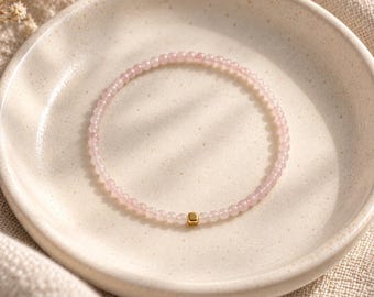 Petite Rose Quartz Bracelet, 3mm Natural Gemstone Bracelet, 14K Gold Filled Accent, Minimalist Jewelry, Meaningful Gift for Her