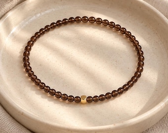 Petite Smoky Quartz Bracelet, 3mm Natural Gemstone, 14K Gold Filled Accent, Minimalist Stacking Bracelet, Meaningful Gift for Her