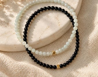 Petite Amazonite and Black Onyx Bracelet Set, 3mm Gemstone Stacking Bracelets, Confidence and Grounding, 14K Gold Filled, Meaningful Gift