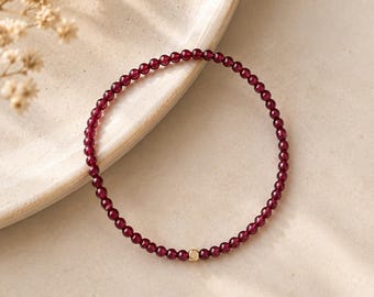 Petite Garnet Gemstone Bracelet, Regenerate and Energy, 3mm, 14K Gold Filled Accent, Minimalist, Layering, Stackable, Beaded Bracelet