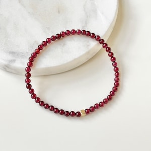 Dainty Garnet Gemstone Bracelet, Regenerate and Energy, 3mm, 14K Gold Filled Accent, Minimalist, Layering, Stackable, Beaded Bracelet
