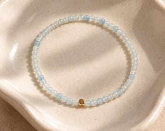 Petite Aquamarine Gemstone Bracelet, 14K Gold Filled Accent, Minimalist Jewelry, Stacking and Layering, For Harmony, Peace, Made to Order