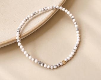 Petite Howlite Bracelet, Calming & Peace, Gold Filled Accent, Minimalist, Daily Wear Jewelry, Layering, Adjustable, Beaded Bracelet