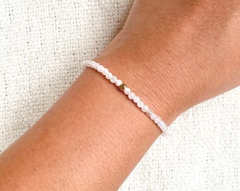 Balance and Serenity, Dainty Moonstone Gemstone Bracelet, 14K Gold Filled Accent, 3mm, Minimalist, Stacking, Layering, Perfect Gift for Her
