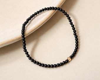Black Onyx Petite Bracelet, Strength and Motivation, 3mm Round Beads, Gold Filled Accent, Minimalist Layering, Meaningful Gift for Her