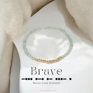 Bracelet Brave in Morse, perles rondes en aigue-marine de 3 mm, or 14 carats, superposable, incarnant la bravoure et le courage