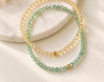 Aventurine & Citrine Bracelet Set, Optimism and Success Energy, 3mm Round Beads, 14K Gold Filled Accent, Gift for Her, Natural Stone Jewelry