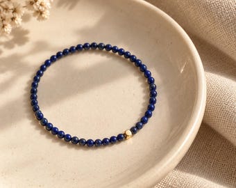Petite Lapis Lazuli Bracelet, Clarity and Wisdom, 14K Gold Filled Accent, 3mm Beaded Bracelet, Minimalist Jewelry, Stacking and Layering