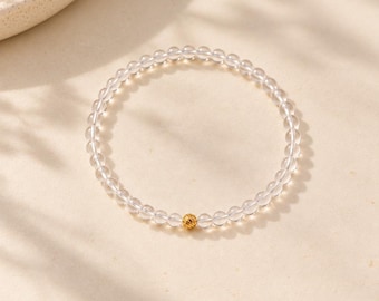 Clear Quartz Bracelet with Gold Vermeil or Sterling Silver, Beaded Jewelry for Manifestation & Intentions, 4mm Round Beads, Gift for Her