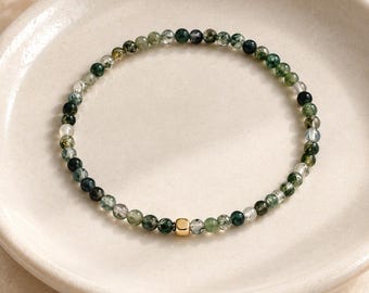 Petite Moss Agate Bracelet, 3mm Gemstone Jewelry, 14K Gold Filled Accent, Minimalist Stacking Bracelet, Meaningful Gift for Her