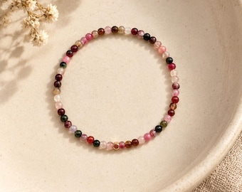 Petite Mixed Tourmaline & Gold-Filled Bracelet, Protection, Balance, Uplift, 3mm Beads, Minimalist, Stacking, Layering, Gift for Her
