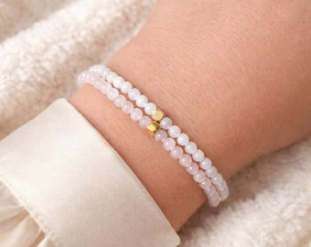 Rose Quartz & Moonstone Bracelet Set, Self-Love and Worth Duo, 3mm Round Beads, Minimalist Natural Stone Jewelry, 14K Gold Filled Accent